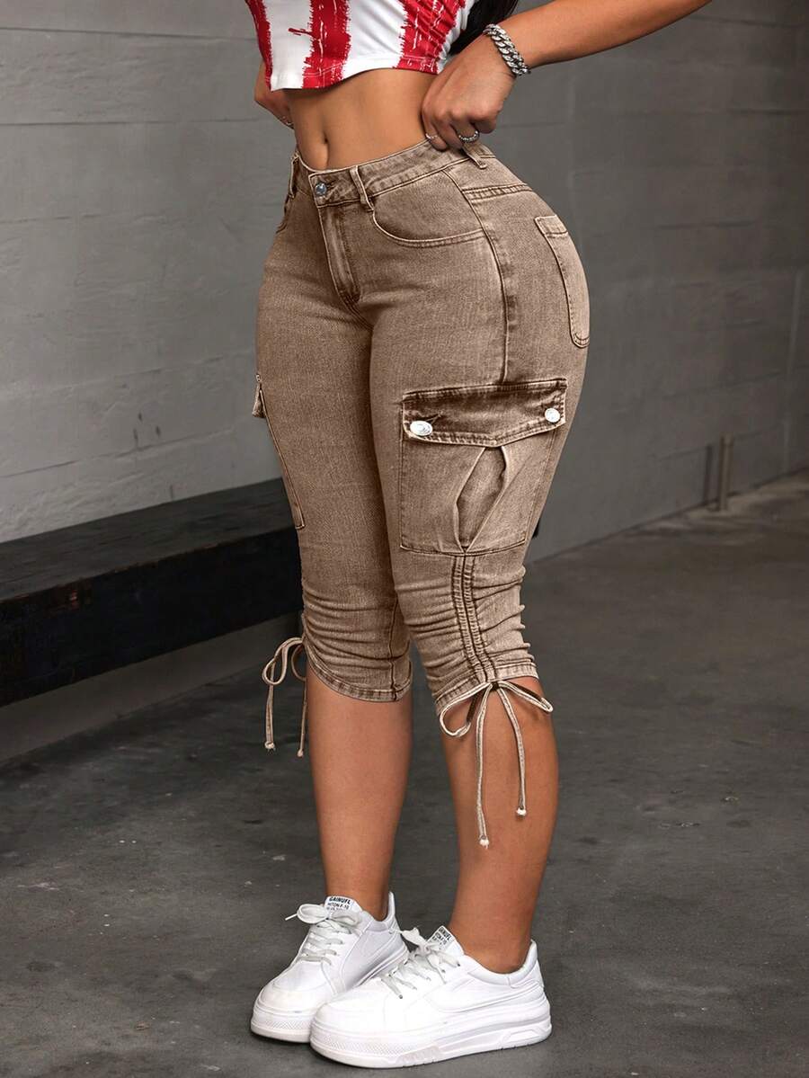 SHEIN ICON Quần jean lửng dáng rộng dành cho nữ cỡ lớn, có túi hộp và dây rút. - màu nâu - Xem 1