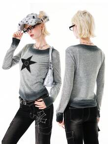 Bloopia Women's Casual Tie-Dye Embroidered Long Sleeve Top, Fashionable For Autumn - Light Grey - View 1