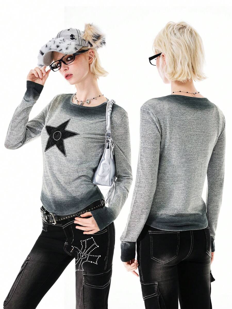 Bloopia Women's Casual Tie-Dye Embroidered Long Sleeve Top, Fashionable For Autumn - Light Grey - View 1