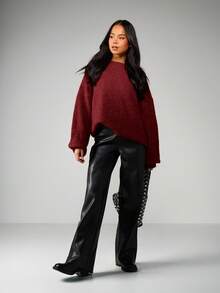 MISSGUIDED 宽松厚实针织套头衫，落肩设计，采用质感蓬松的毛线，适合冬季保暖叠穿。 - 酒紅色 - 查看 3
