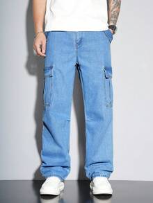 Claim Dot Men Casual Flap Pocket Side Cargo Jeans Jeans For Men Cargo Baggy - Medium Wash - View 8