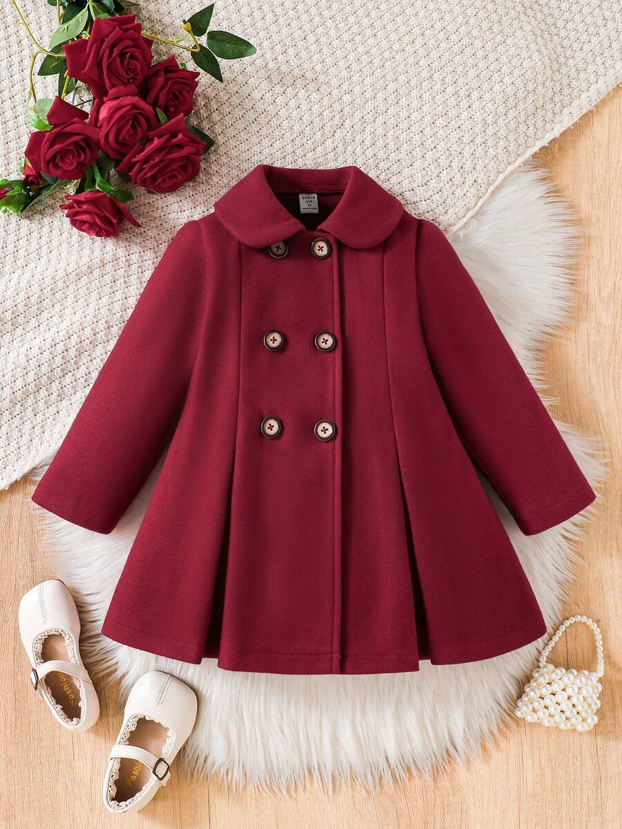 SHEIN Elladie kids 女童黑色双排扣荷叶领大衣 女童外套 女童针织外套 女童彼得潘外套 秋冬女童连衣裙 - 酒紅色 - 查看 1