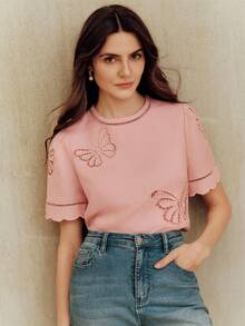 Anewsta Women's New Arrival Pink Short Sleeve Elegant Luxurious Butterfly Embroidered T-Shirt - Pink - View 5