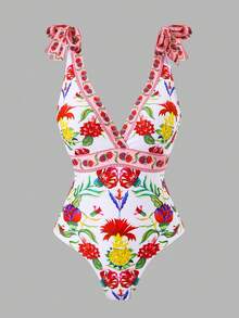 Swim Oasis 女士沙滩装 - 波西米亚风印花，深V领花卉饰边，时尚休闲性感度假连体泳衣带裙 - 彩色 - 查看 4