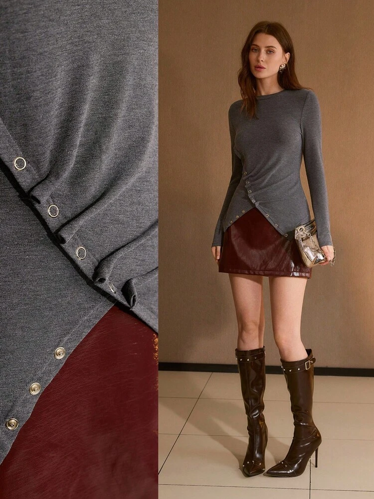 WOMEN'S ASYMMETRIC BUTTON DESIGN FITTED STRETCHY CASUAL T-SHIRT TOP