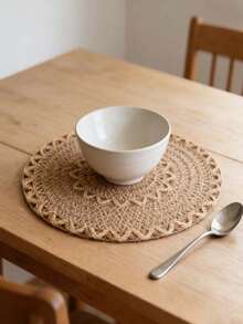 12pcs American Country Style Linen Woven Placemat, Round Plate Mat, Table Decoration Shop, Family Gathering Table Decoration - Khaki - View 5