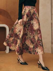 Anewsta Vintage Oil Painting High Waist Random 3D Floral Jacquard A-Line Skirt - Multicolor - View 6