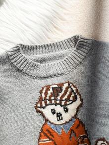 SHEIN Cute Unisex Baby Cartoon Bear Pattern Long Sleeve Navy Blue Sweater, Casual & Versatile For Autumn/Winter - Light Grey - View 3