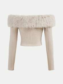 SHEIN Girlism Teen Girls Apricot Off Shoulder Fuzzy Trim Crop Jacket,Suitable For Autumn And Winter, Elegant And Sweet, Spring Festival Ribbed Knit Cardigan Faux Fur Off-Shoulder Cardigan Rib-Knit Cardigan