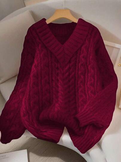 GlowEve CURVE Suéter holgado de punto de cable de unicolor elegante para mujer de talla grande, adecuado para ropa de abrigo, otoño/invierno