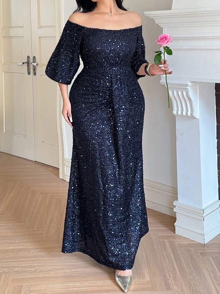 Dazy Plus Women's Black Summer Elegant Formal Evening Sequin Dress,Off-Shoulder Waist-Cinching Long Dress With 3/4 Sleeves,Plus Size Prom Party Outfit