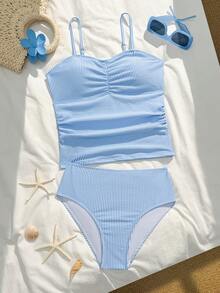 SHEIN Girls' Two Pieces Tankini Swimsuit, Blue Striped Swimsuit For Girls, Teen Girls' Swimsuit, Blue Striped Teen Girl' Swimsuit, Girls' Blue Swimwear, Summer Vacation Summer Vacation Thermal Christmas Holiday Festival New Years Valentines Swim Seashell Bathing Suit Beach Clothes High Waist Swimsuit Set Summer Two Piece Bathing Suit Set One Piece Bathing Suit Full Coverage Blue One Piece Swimsuit Teen Swimsuits Casual Petite Swimwear Blue Stripes Swim Suit Teens Girls Sky Blue Swimsuit Girls Blue Striped Tankini Teen Blue Stripe Swimwear