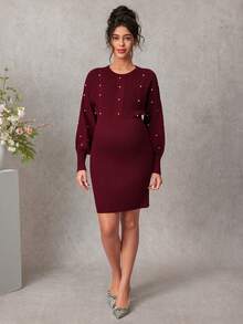 SHEIN Elegant Burgundy Autumn Maternity Sweater Dress,Fitted Solid Long Sleeve Pullover With Twisted Rope Flower For Baby Shower,Casual Wear & Dates - Burgundy - View 4