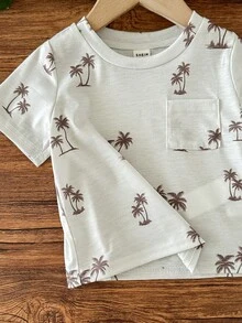 男婴休闲可爱卡通图案针织T恤和松紧腰短裤套装 - 棕色 - 查看 5