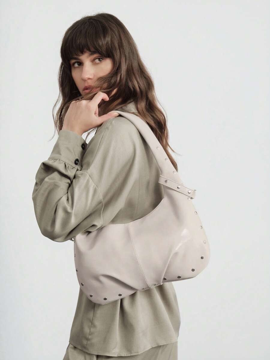 SHECARRY Women's Plain Color Minimalist Large Capacity Shoulder Bag, Casual For Daily Use - Beige - View 1