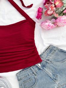 Soleia Top ajustado de punto texturizado con escote halter blanco para vacaciones de mujer - Burdeos - Ver 6