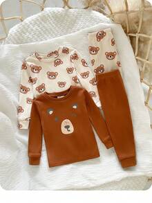 男婴可爱卡通图案针织长袖上衣和裤子贴身睡衣套装 - 彩色 - 查看 4