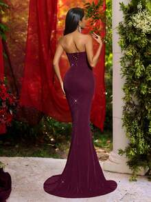 Glamrae 优雅简约针织露肩猫领褶裥内衬塑形紧身胸衣及腰部，3D手工人造花卉鱼尾裙摆，适合节日、婚礼、晚宴、音乐会、商务活动、社交媒体达人正式场合穿着。 - 酒紅色 - 查看 4