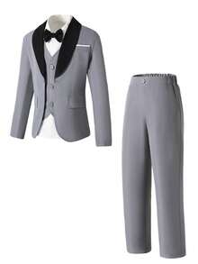 SHEIN 3 件套青少年男孩绅士套装：休闲西装外套 + 背心夹克 + 长裤，优雅的生日派对、婚礼、毕业典礼、周年纪念、婚礼嘉宾、花童、戒指持有者服装 - 灰色 - 查看 6