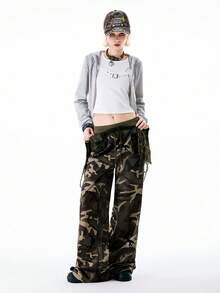 Bloopia Women's Casual Camouflage Print Drawstring Waist Wide Leg Pants - Coffee Brown - View 6