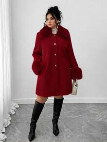 Elenzga Cardigan Panjang Berbulu Modis Ukuran Plus, Musim Gugur/Dingin - Merah - View 3