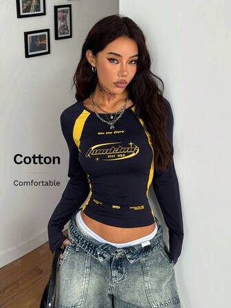 Coolane Camiseta de manga larga de cuello redondo de algodón con bloques de color azul oscuro para mujer, para uso casual en invierno/otoño, días de juego, regreso a la escuela