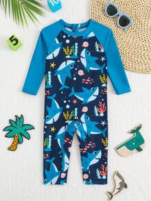 Baby Jungen süßer Krebs Cartoon Unterwasserwelt Reißverschluss Einteiler Rashguard Badeanzug - Blau - Übersicht 2