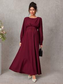 Solid Color Elegant Long Sleeve Decorative Button Maternity Dress - Red - View 5