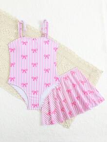 SHEIN Vintaside Kids 女童连体泳衣，蝴蝶印花网纱裙泳衣，条纹蝴蝶印花女童泳衣，女童沙滩泳装 - 粉色 - 查看 4