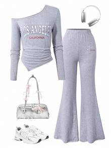 Teen Girls' Glittery "Los Angeles" Cold-Shoulder 2-Piece Set Stylish Gray Long-Sleeve Top (With Off-Shoulder Detail) + Wide-Leg Pants: Shimmer Fabric Adds Flair; "Los Angeles" Graphic Boosts Casual Coolness. Soft, Stretchy Material Ensures All-Day Comfort-Perfect For Mall Trips, School Events, Weekend Hangouts, Or Casual Parties; Versatile, Eye-Catching - Multicolor - View 1
