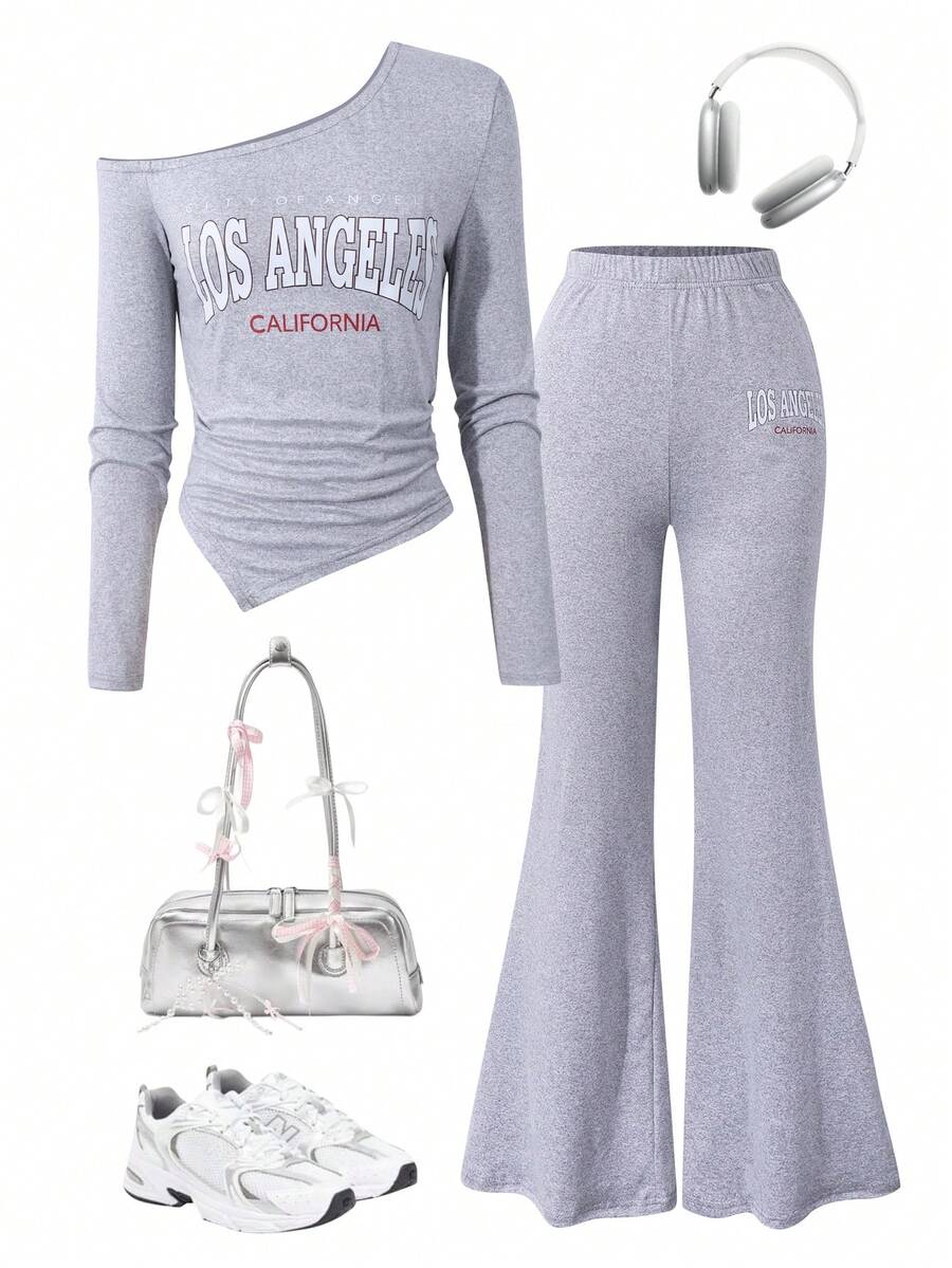 Teen Girls' Glittery "Los Angeles" Cold-Shoulder 2-Piece Set Stylish Gray Long-Sleeve Top (With Off-Shoulder Detail) + Wide-Leg Pants: Shimmer Fabric Adds Flair; "Los Angeles" Graphic Boosts Casual Coolness. Soft, Stretchy Material Ensures All-Day Comfort-Perfect For Mall Trips, School Events, Weekend Hangouts, Or Casual Parties; Versatile, Eye-Catching - Multicolor - View 1