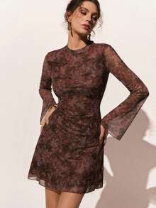 Poéselle Women's Mini Dress With Stand Collar, Straight Shoulders, Flared Sleeves, Slim Fit, And All-Over Floral Print - Red Violet - View 4