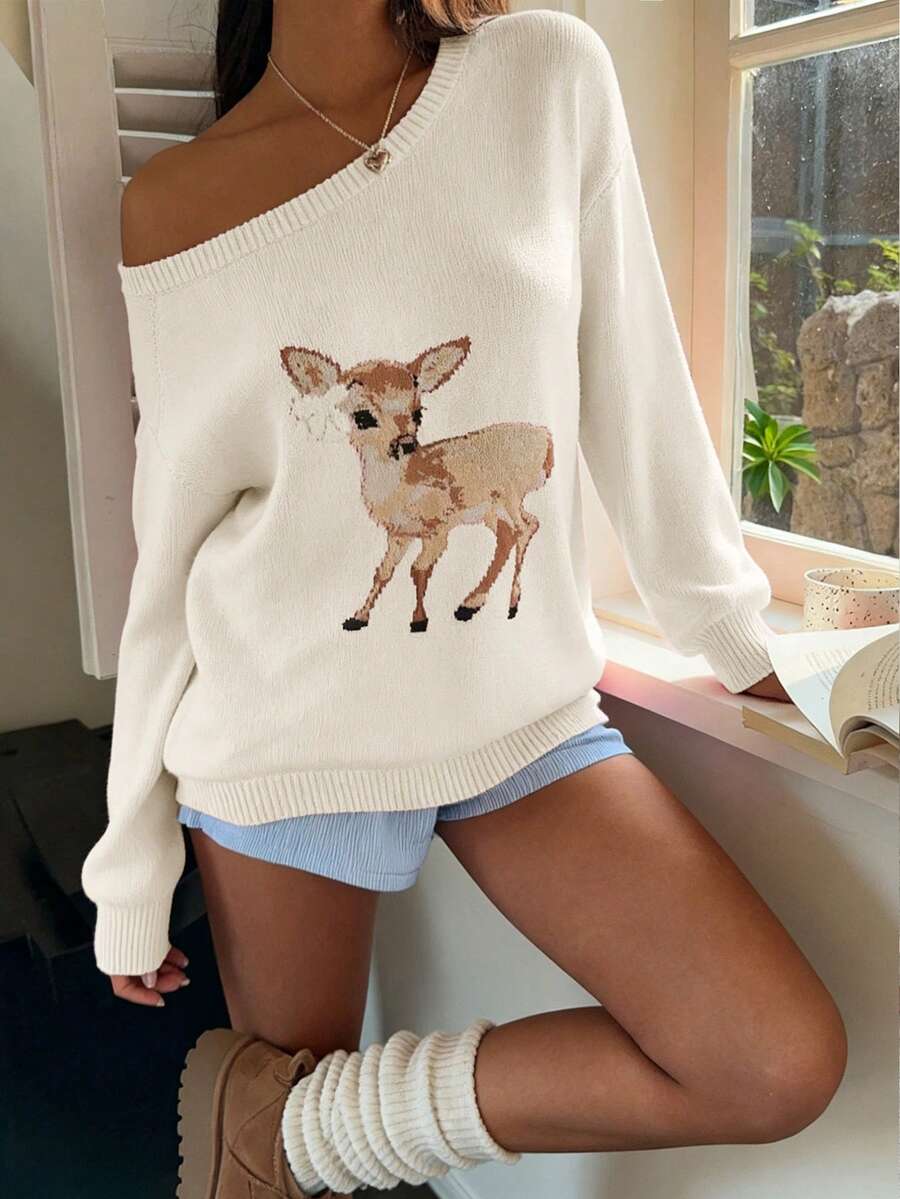 CovetEZ Áo len nữ dáng rộng trễ vai họa tiết hươu, màu mơ, thu/đông - Màu be - Xem 1