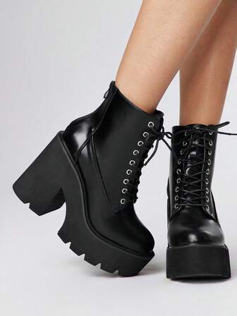 Casual Solid Color Chunky Heel Lace-Up Women Ankle Boots