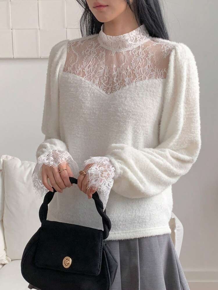 Women's Elegant Solid Color Lace Patchwork T-Shirt, Autumn/Winter
