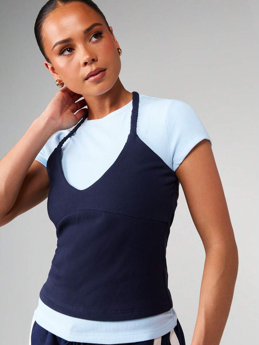 MISSGUIDED Áo thun ngắn tay cổ yếm xếp lớp, chất liệu gân, ôm sát, phối màu tương phản, thích hợp mặc mùa hè. - Nhiều màu - Xem 1