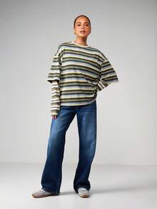 MISSGUIDED Doppellagiges Langarm Horizontal gestreiftes Rundhals Lässig Relaxed Fit Oversized Geripptes Frühling Herbst Alltags Basic T-Shirt