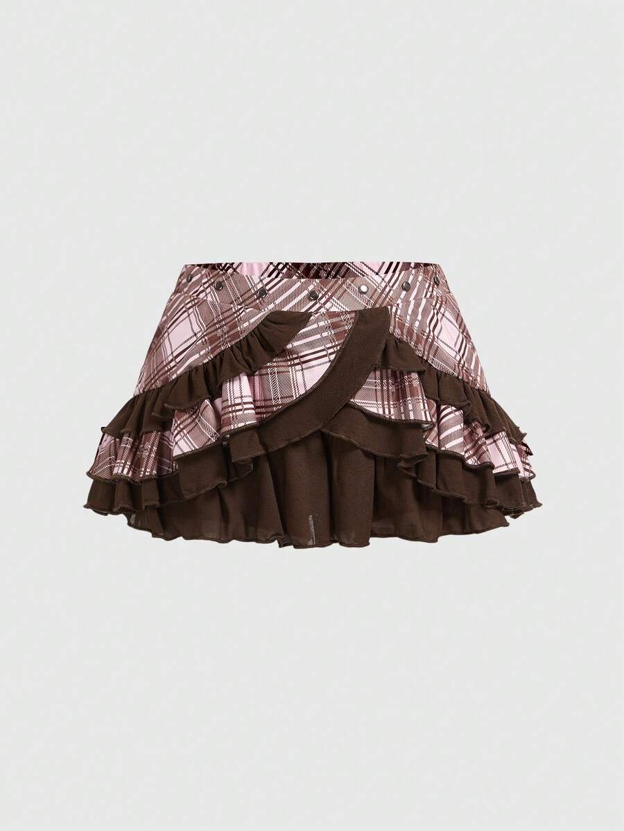 ROMWE Kawaii Cute Sweet Pink Plaid Patchwork Lace Trim Cake Skirt For Women - Multicolor - View 1