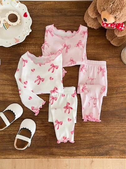 SHEIN 4件套新生女宝宝休闲可爱针织蝴蝶结图案长袖睡衣套装