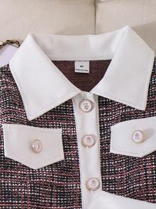 SHEIN Elladie kids 女童可爱黑白长袖假口袋设计外套搭配舒适运动短裤，秋冬套装 - 粉色 - 查看 6