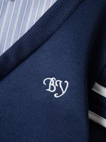 Sudadera casual con cuello de camisa, parches a rayas y bordado de letras para niña