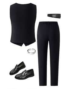 2件套青少年男童高端优雅时尚简约绅士不对称马甲+休闲裤套装