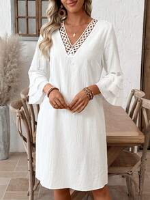 EMERY ROSE 女士休闲纯色喇叭袖短连衣裙 - 白色 - 查看 3