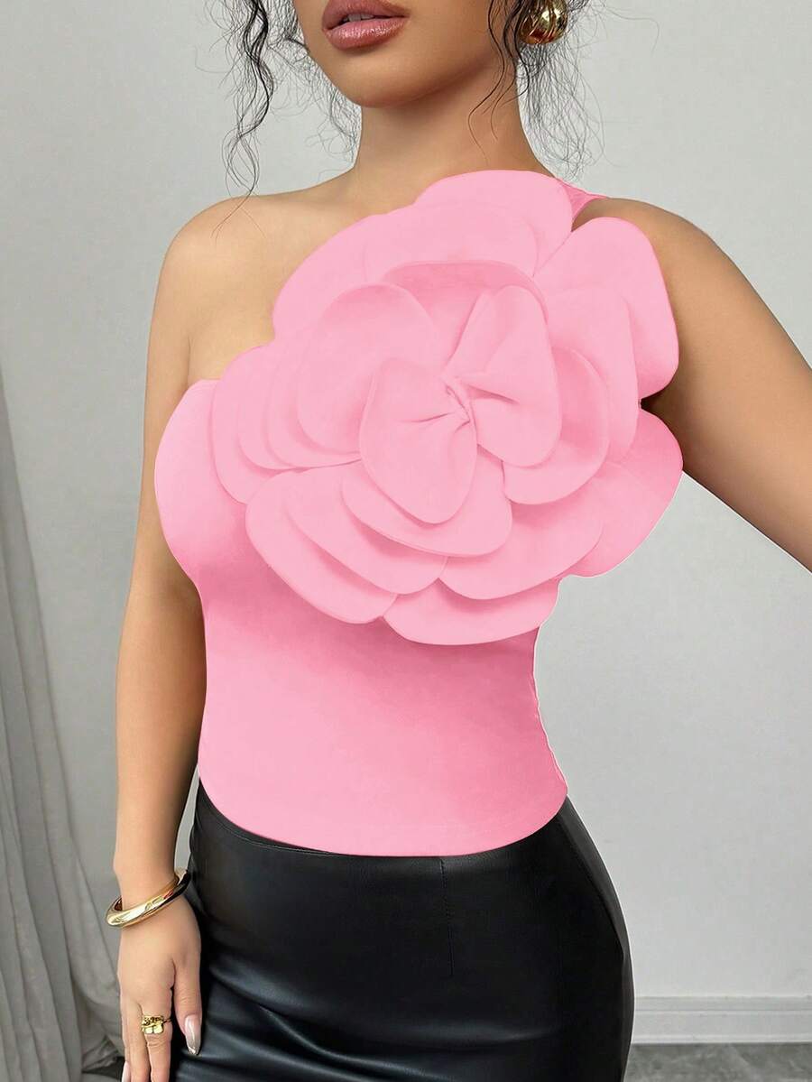 Elenzga Áo len dệt kim hở lưng họa tiết hoa 3D màu đỏ trơn mới, cổ chéo, một dây đeo vai, thanh lịch, vừa vặn, dành cho nữ, thời trang xuân/thu năm mới - Hồng - Xem 1