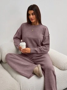 EURMUSE Women Round Neck Rib Knitted Sweater And Sweater Pant 2pcs Sets Co-Ord