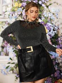 VOLUPTÉ CURVE Áo kiểu dáng mới mùa xuân dành cho người có thân hình mũm mĩm, thời trang đa năng, chất liệu kim loại đen bạc, dệt kim, lưới, cổ cao, dáng ôm, tay dài, thích hợp mặc đi club hoặc đi nghỉ mát, áo lót dài thông thường. - màu đen - Xem 5