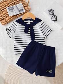 SHEIN 3件套男/女婴夏季可爱条纹短袖上衣、松紧腰短裤、披肩三件套，适合生日派对、晚宴、演出、婚礼、满月、洗礼、一周岁生日庆祝、迎婴派对等场合。