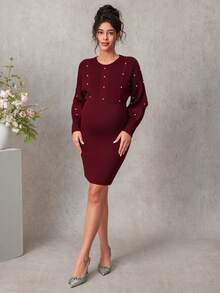 SHEIN Elegant Burgundy Autumn Maternity Sweater Dress,Fitted Solid Long Sleeve Pullover With Twisted Rope Flower For Baby Shower,Casual Wear & Dates - Burgundy - View 3