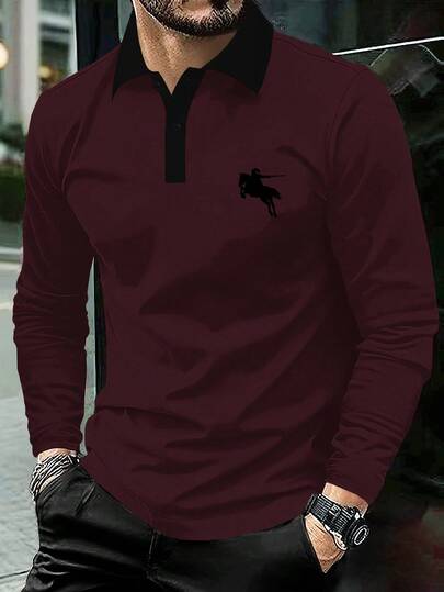 Manfinity Mode 男士撞色半开襟露肩长袖休闲拼接领 Polo 衫