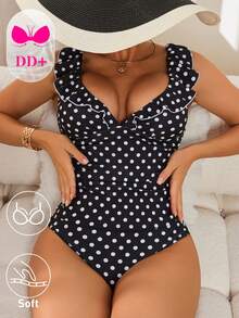 Swim DD+ Bộ đồ bơi tankini gợi cảm mùa hè dành cho nữ, họa tiết chấm bi, phối bèo nhún. - Đen và trắng - Xem 5